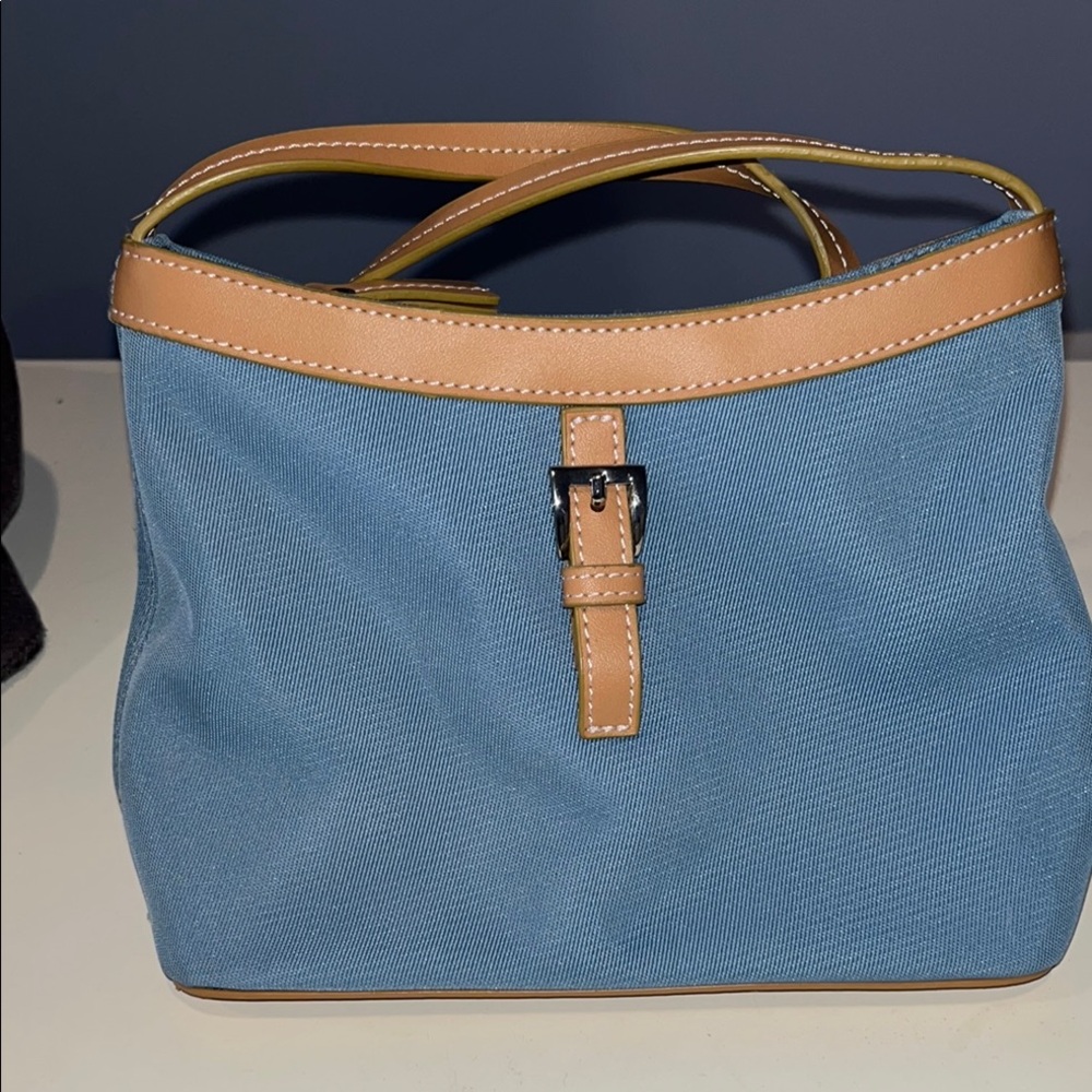 Etienne Aigner Blue and Tan Shoulder Bag with Leather Trim